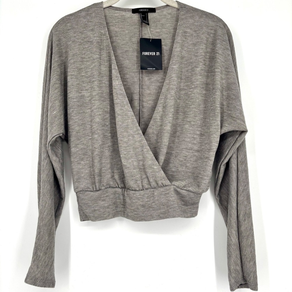 NWT FOREVER 21  Long Sleeve‎ Crop Top Size S Gray Faux Wrap Stretch Lightweight
